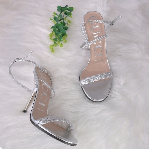 Gucci Metallic Nappa Braided Heels In Silver - Picture 1 of 16